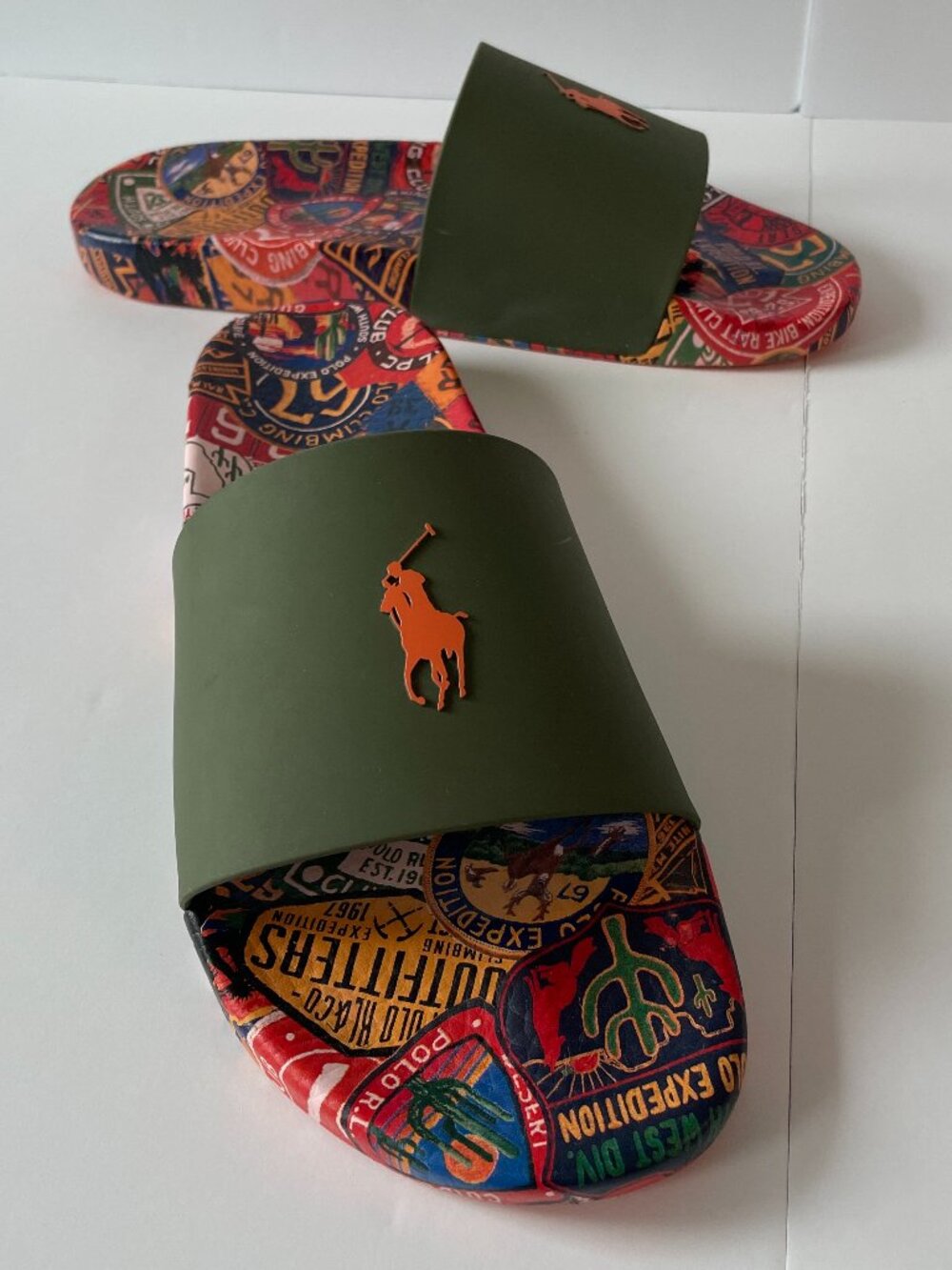 Polo Ralph Lauren Big Pony Print Slide Sandals Green Orange Patchwork Men US 15